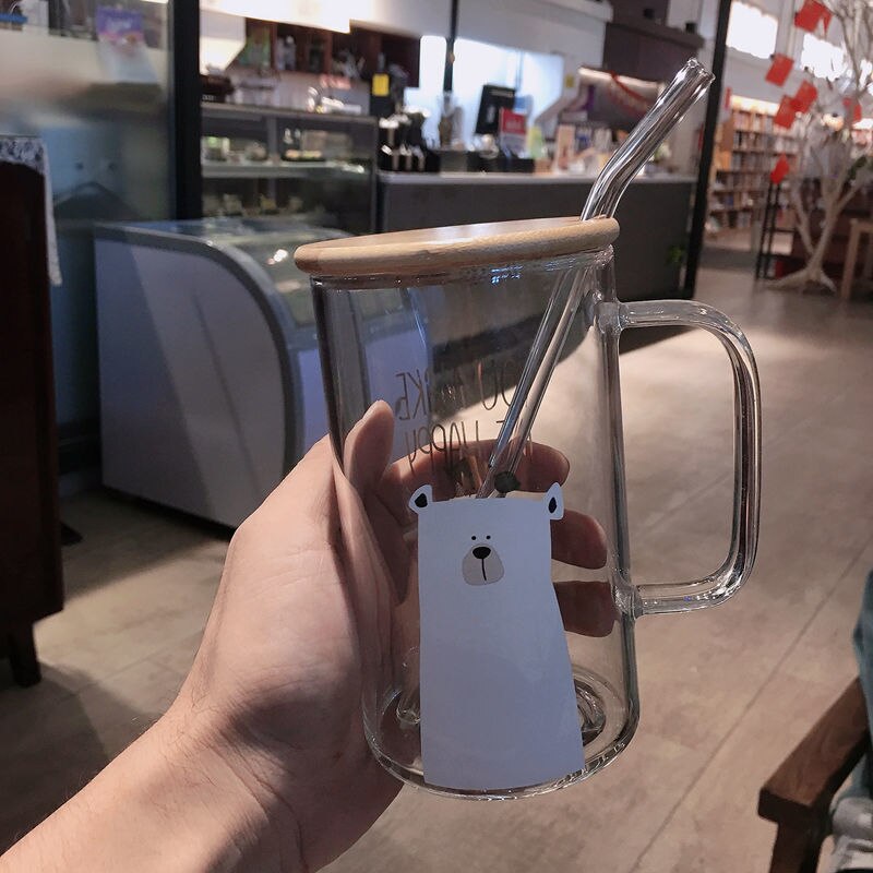 High borosilicate glass Glass Cup Bear Pattern Transparent Glass Bottle Drinking tea cup with Straw with Lid Cute Large Capacity: with cover straw2