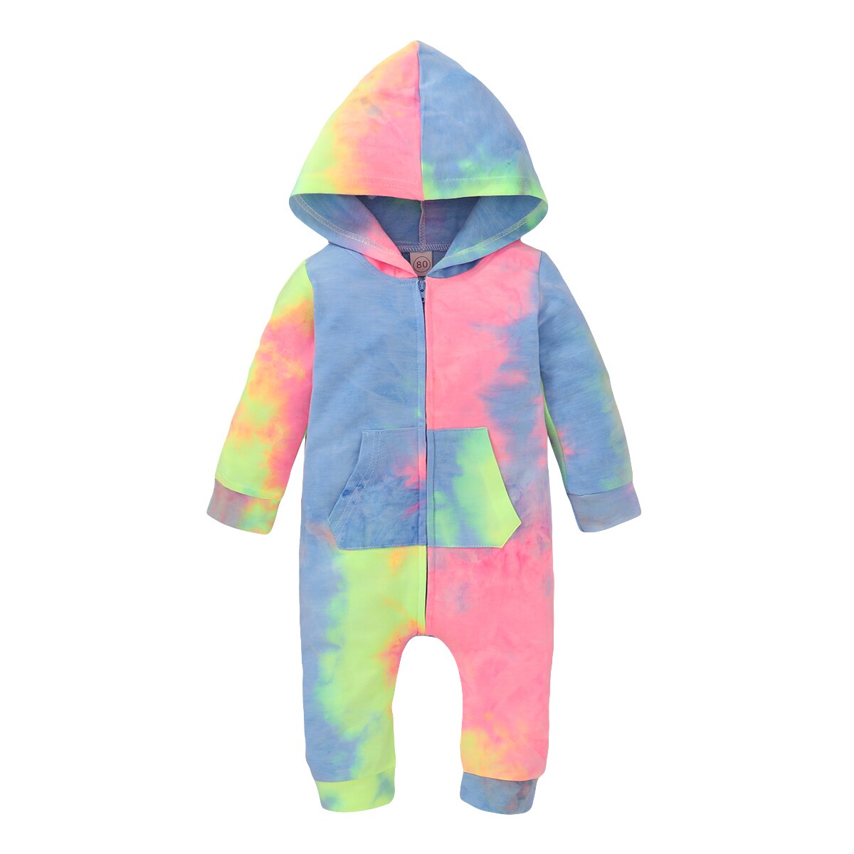Mise au point 0-18M cravate-teinture imprimé bébé filles garçons barboteuses fermeture éclair manches longues à capuche automne combinaisons 3 couleurs: B / 6M