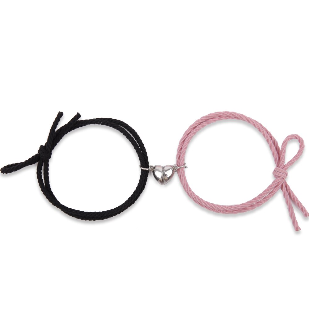 2Pcs Couple Minimalist Heart Lovers Matching Friendship Bracelet Rope Braided Magnetic Distance Bracelet Kit Lover Jewelry: Black Pink Heart