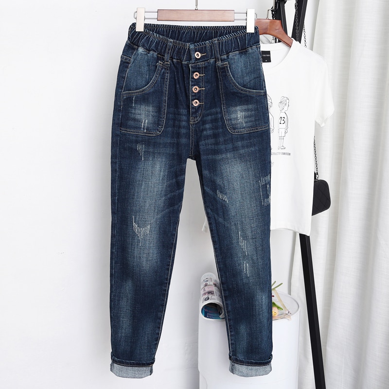 Jeans en Denim pour femmes, pantalon de grande taille, 5XL, taille élastique pour 100kg, longueur cheville, été, Empire, décontracté