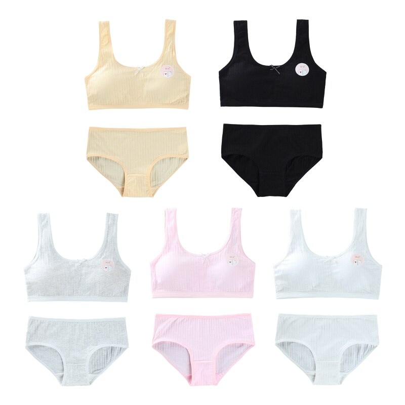 Set di biancheria intima sportiva per ragazze 2 pezzi per adolescenti a costine con stampa a orso carino dolce Bowknot imbottito reggiseno da allenamento senza fili e abbinamento ciao