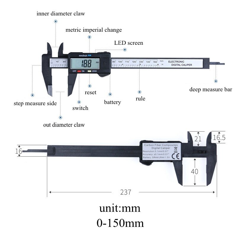 Elektronische Digitale Sattel 0-150mm Kohlenstoff Fiber Digitale Großbild Kunststoff Digitale Messschieber Genauigkeit 0. 1mm