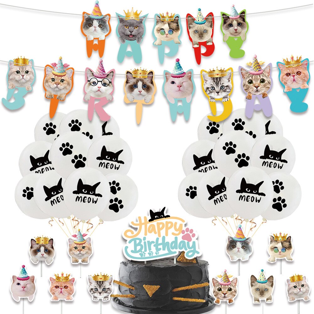 1 Set Meow Balloons Happy Birthday Banner Cake Toppers Cat Meow Globos for Cat Themed Birthday Party Decor Supplies Kids Ballons: No1 32pcs set