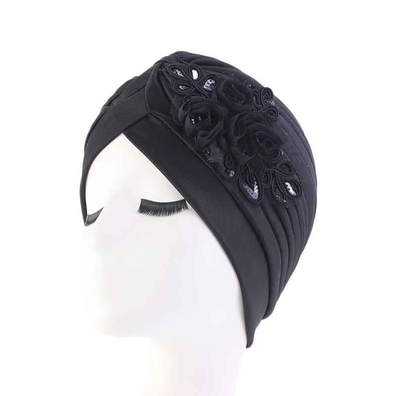 Women India Hat Women Muslim Islamic Elastic Pleated Turban Head Scarf Flower Beanie Hat Hair Loss Headwear Chemo Caps: Black