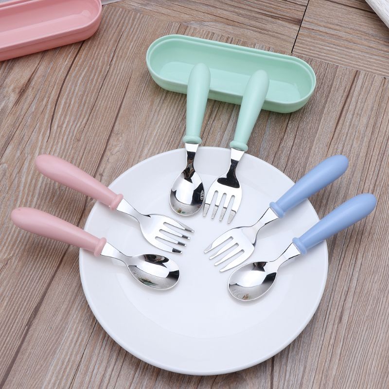 2pcs/lot Baby Feeding Spoon Fork Set Stainless Steel Toddler Infant Tableware Flatware Kids Cutlery with Ant-Dust Box
