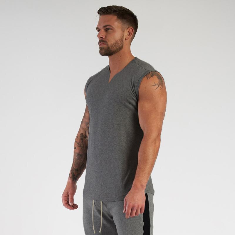 Compression Vest Bodybuilding Stringer Singlets Gym Tank Top Men Fitness Clothing V-neck Cotton Running Sleeveless T Shirt: Dark Grey / XXL