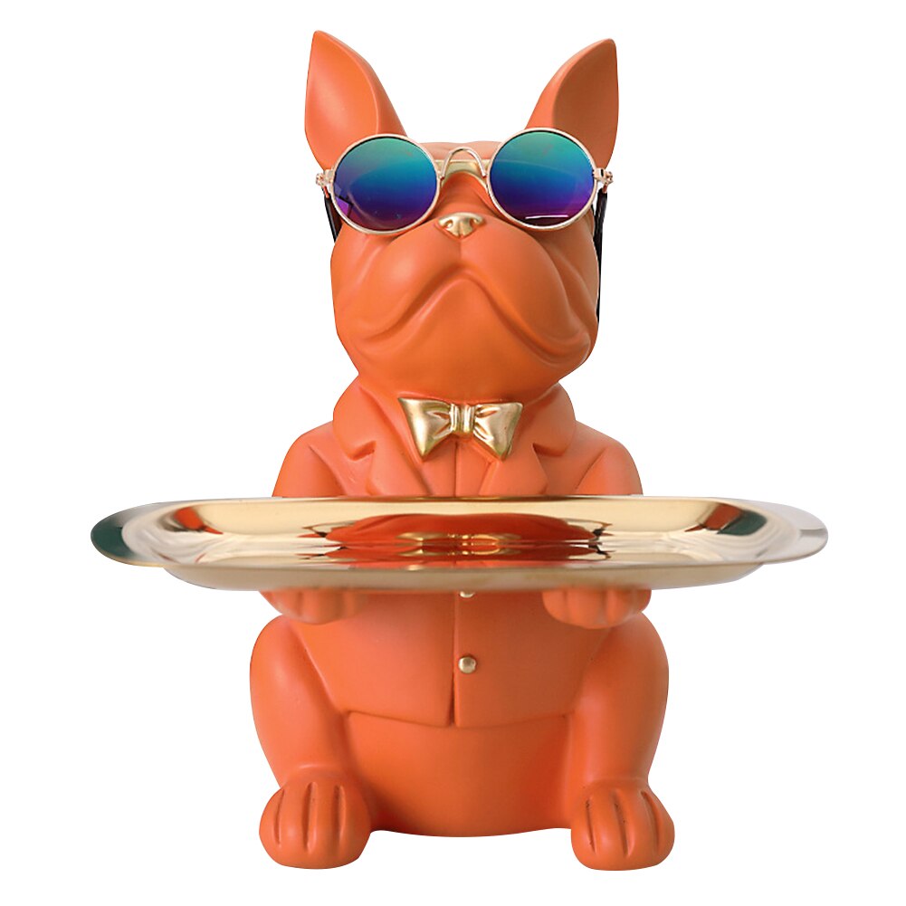 Nórdico francês bulldog escultura estátua do cão estátua de armazenamento jóias mesa decoração presente cinto placa óculos bandeja casa arte estátuas: A Orange