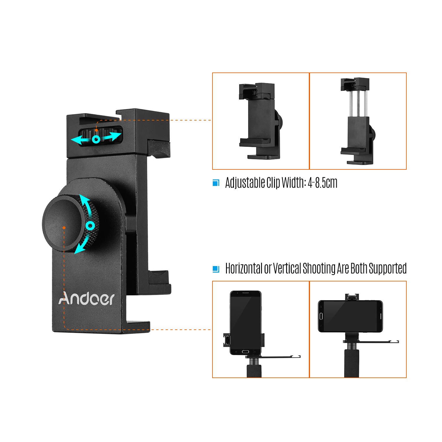 Andoer Smartphone vregistrazione impugnatura per cellulare supporto per registrazione Video maniglia stabilizzatore morsetto per cellulare larghezza 40mm-85mm