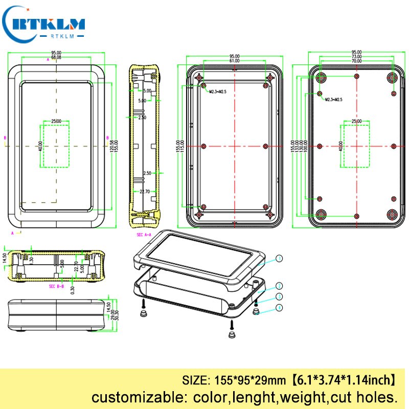 Handheld plastic box diy project box enclosures for electronics abs junction box amplifier enclosure instrument case 155*95*29mm