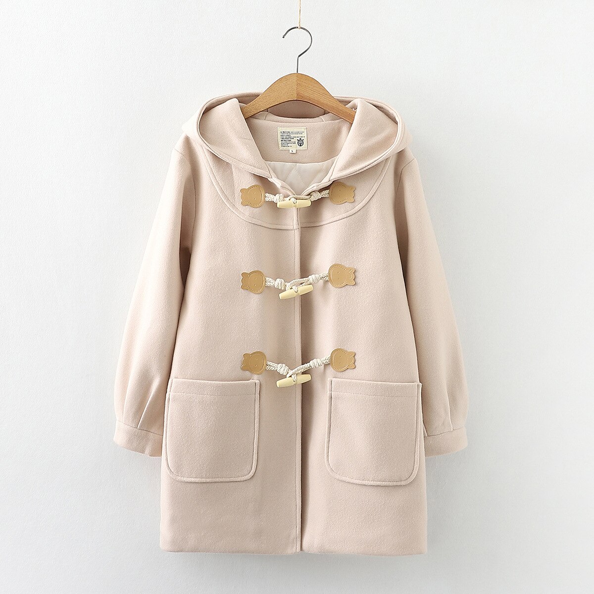 Cappotto di lana con bottoni in corno di orso in stile giapponese donna di media lunghezza 2020 autunno inverno cappotto di capispalla allentato Casual spesso 2010622: Beige / M