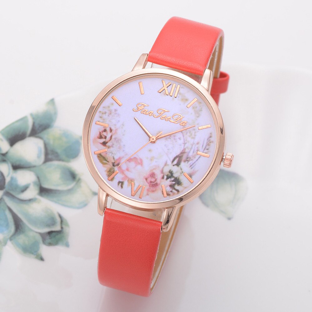 Dames Horloges Vrouwen Gedrukt Bloem Polshorloge Luxe Casual Quartz Lederen Polshorloge Mode Vrouwelijke Jurk Klok