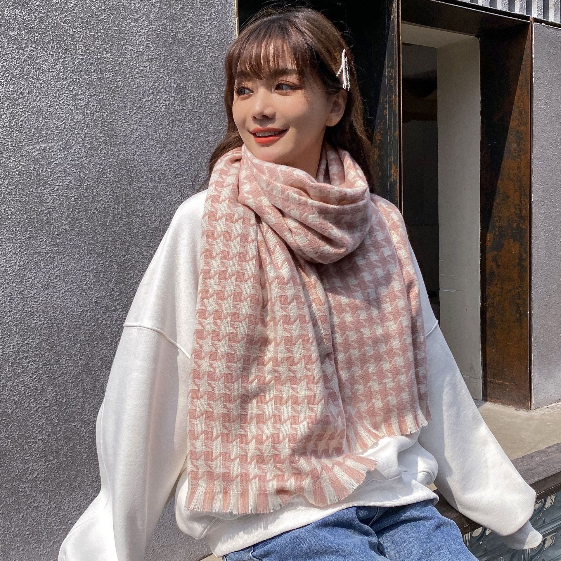 Houndstooth scarf winter women's thickened cold proof Bib European and American cashmere warm tassel Shawl Scarf