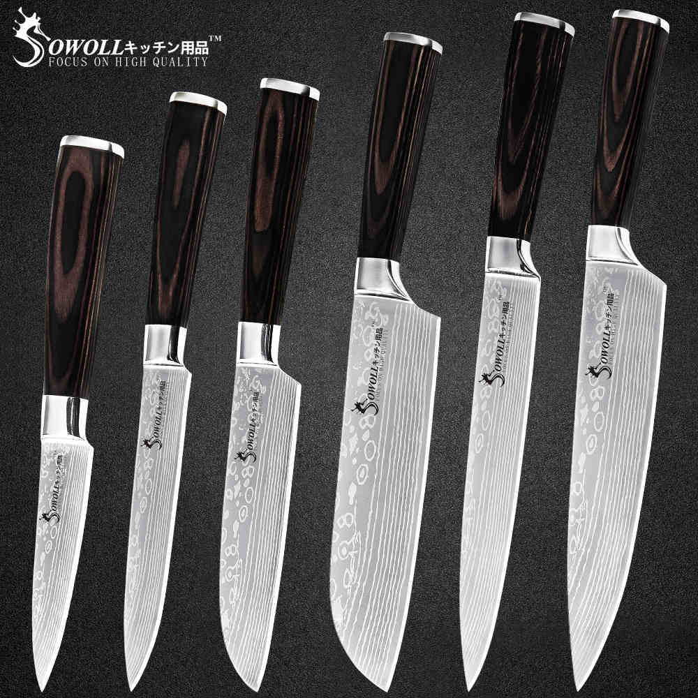 Sowoll Stainless Steel Cooking Knife Damascus Pattern Blade Chef Slicing Santoku Utility Paring Knife Camping Cooking Tools: A.6PCS SET