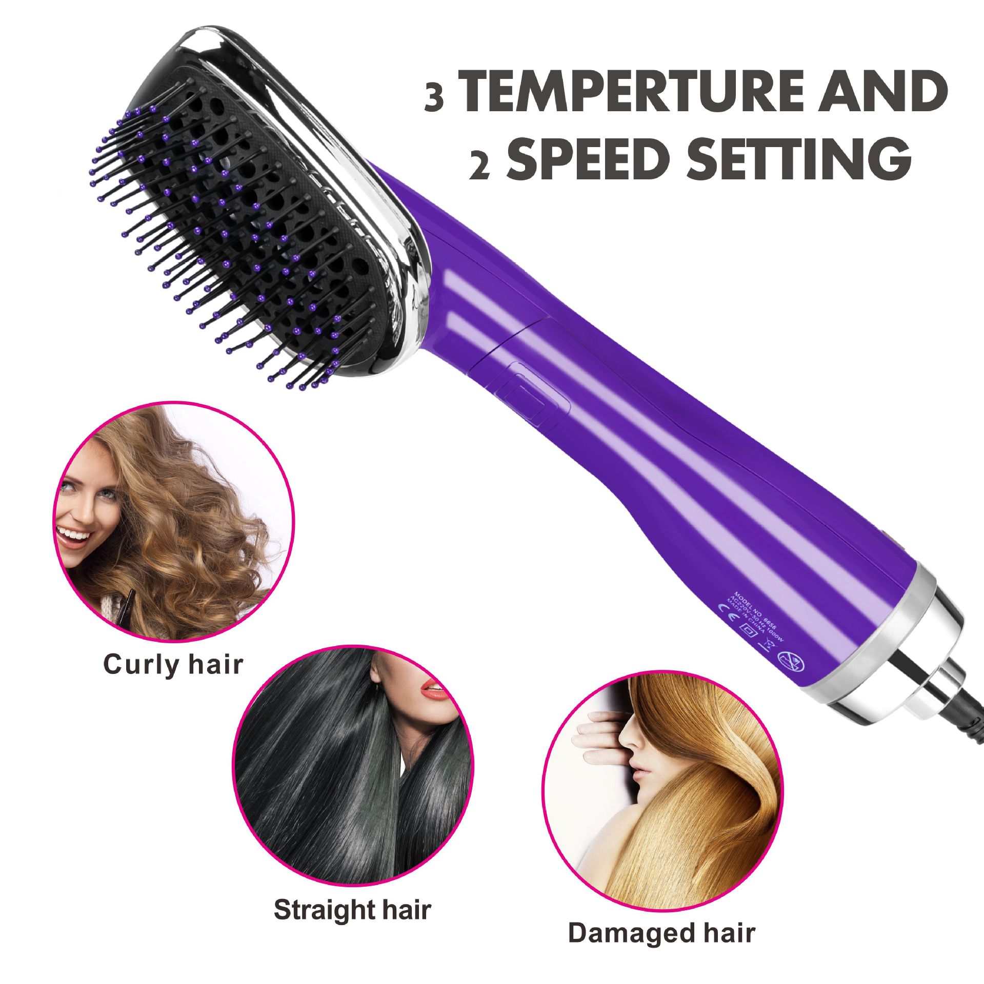 1-trins hårglatning tørretumbler børste til let krøllet hår styling 1000w / kold luft glattejern uden krus turmalin