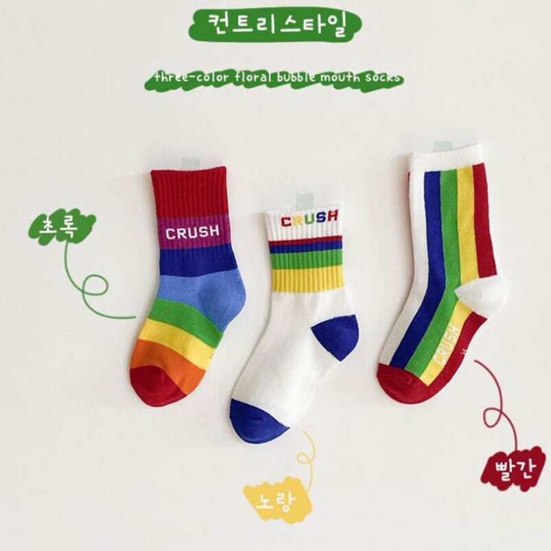 Calcetines para niños de algodón transpirables suaves, primavera y otoño, rayas del arco iris hasta la rodilla, ropa para niñas pequeñas, calentadores de piernas para niños: 2 / 0 to 3t