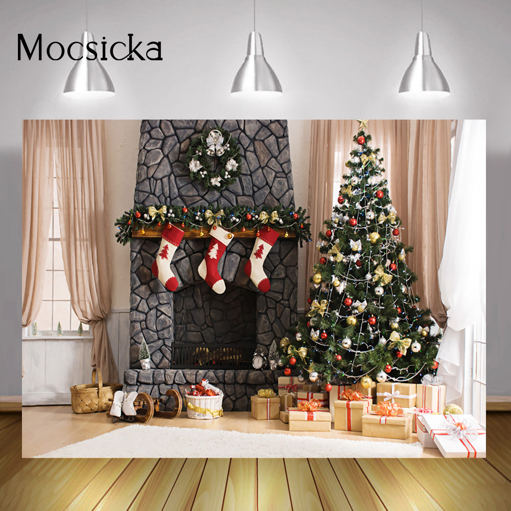 Weihnachten Party Hintergrund Dekorationen Weihnachtsbaum Kamin Hintergrund Winter Fenster Geburtstag Porträt Foto Socke Vorhang