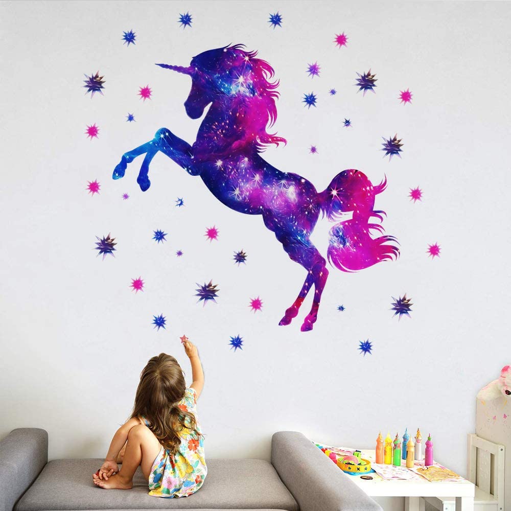 Farverige galakse enhjørning og stjerner 3d væg klistermærker kunst magisk hest hjem indretning til børns stue soveværelse