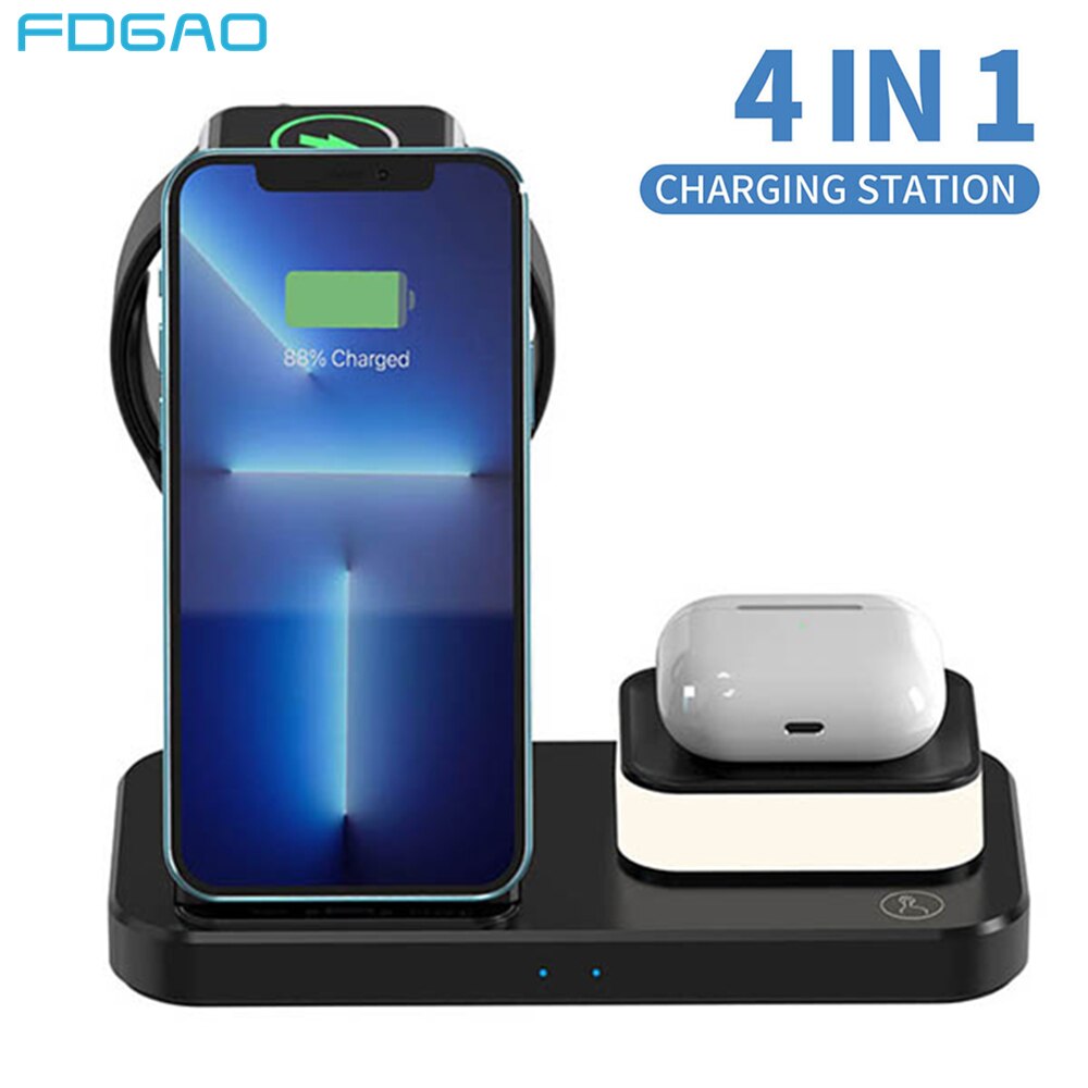 Cargador inalámbrico Qi 4 en 1, Base de soporte de carga rápida de 15W para iPhone 13, 12, 11 Pro, 8, X, XR, XS, Apple Watch 7, Airpods 3, iWatch