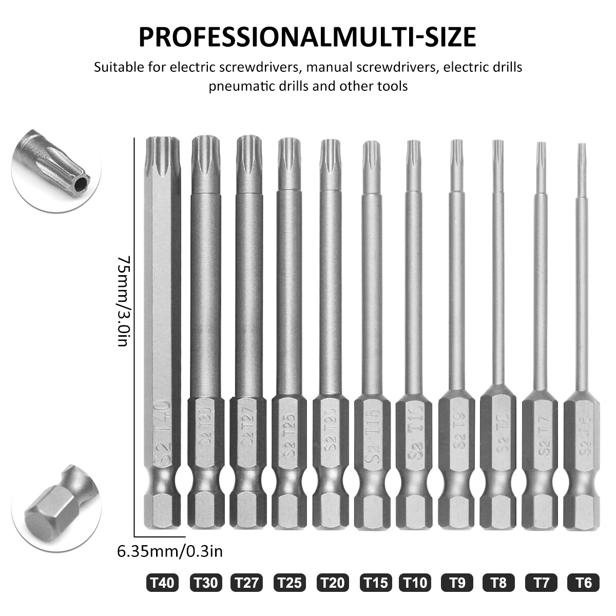 11-delige Torx-schroevendraaierbitset 1/4 inch professionele magnetische ster S2 staal zeskantschacht stoere Torx ster zeskant beveiligingsset