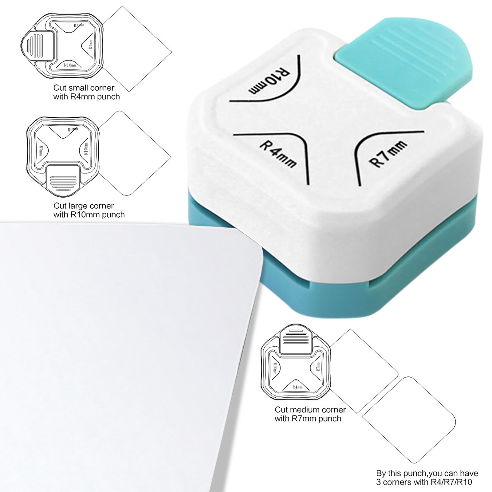 3 In 1 Hoek Punch Voor Fotokaart Papier 4/7/10Mm Hoeksnijder Rounder Papier Punch; kleine Afgeronde Snijgereedschap