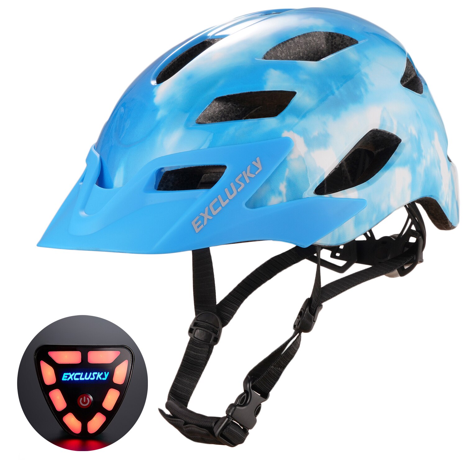EXCLUSKY-casco de luz LED para bicicleta de montaña para adulto, con carga USB, M/L, 56-61CM: blue white