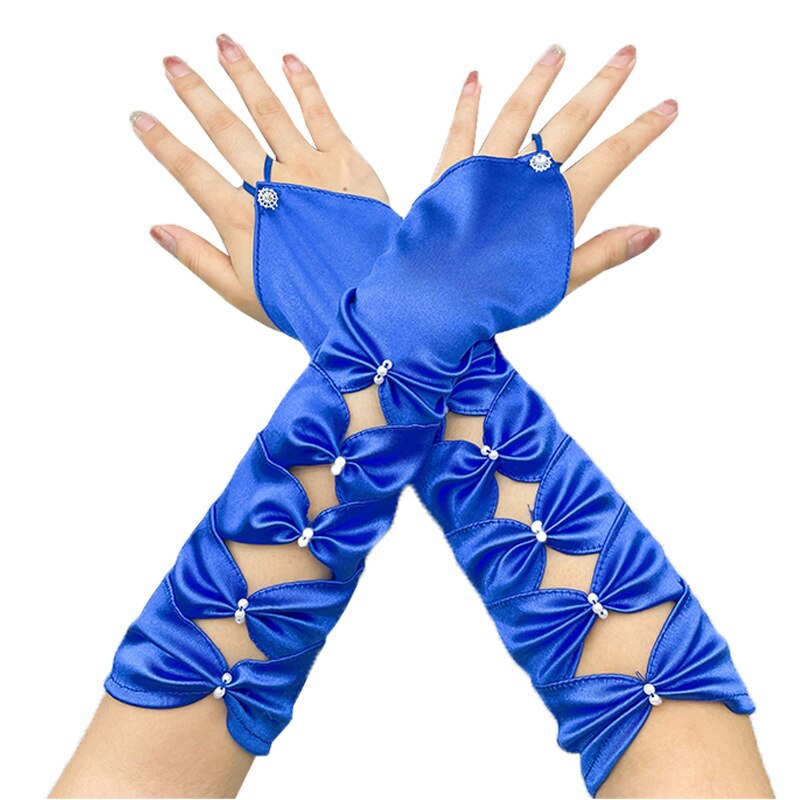 Guantes de novia con lazo de satén blanco, largo, accesorios de boda, 2023: Azul