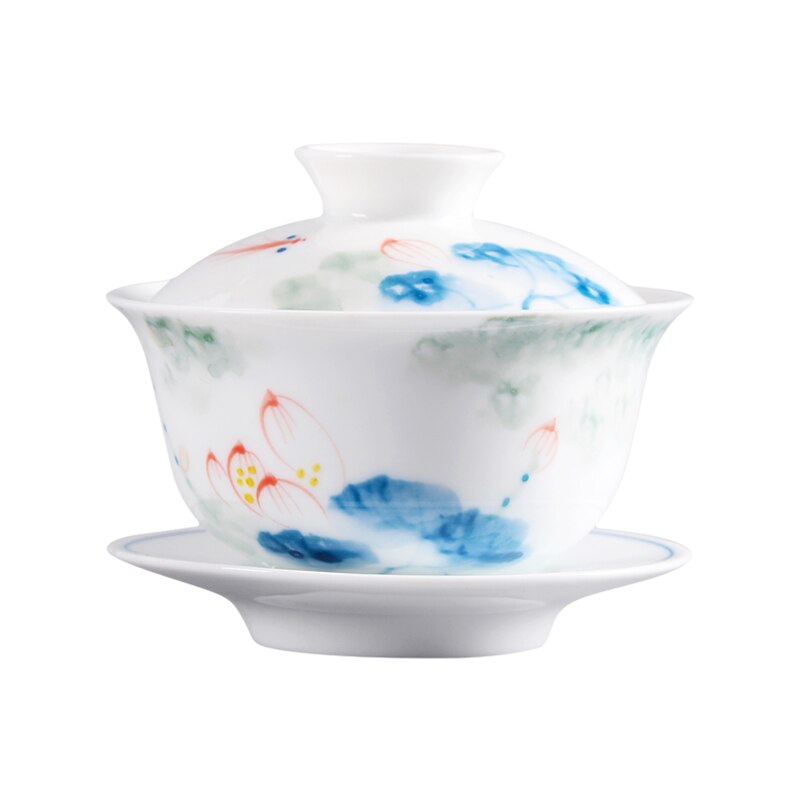 Pure Hand-Painted Colorful Lotus Sancai Cover Bowl Underglaze Ceramics Gaiwan Thin Tire Tea Maker Tea Accessories