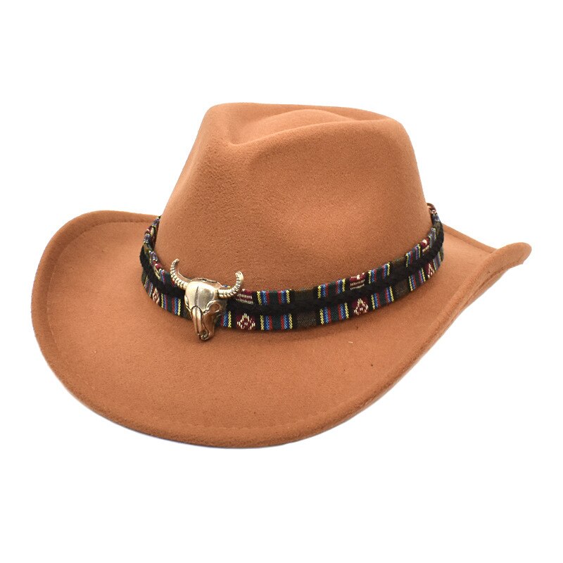 Lidasfish-Sombrero de vaquero occidental de ala ancha con banda para la Cabeza de Vaca, sombreros de Jazz de fieltro para hombre y mujer, gorra de Panamá negra, Otoño e Invierno: Caqui