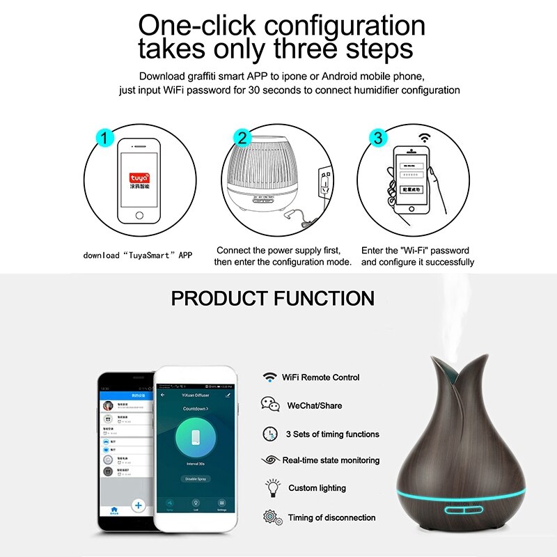 Wifi inteligente humidificador de aire de aceite esencial difusor de aromaterapia con Alexa App de Google Voz Control 400Ml