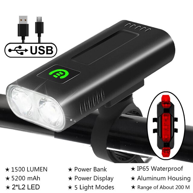 NEWBOLER-faro delantero para bicicleta de montaña, linterna de 1200 lúmenes, batería externa de 5200mAh, recargable vía USB, resistente al agua IPX5: NB-LIG021LB