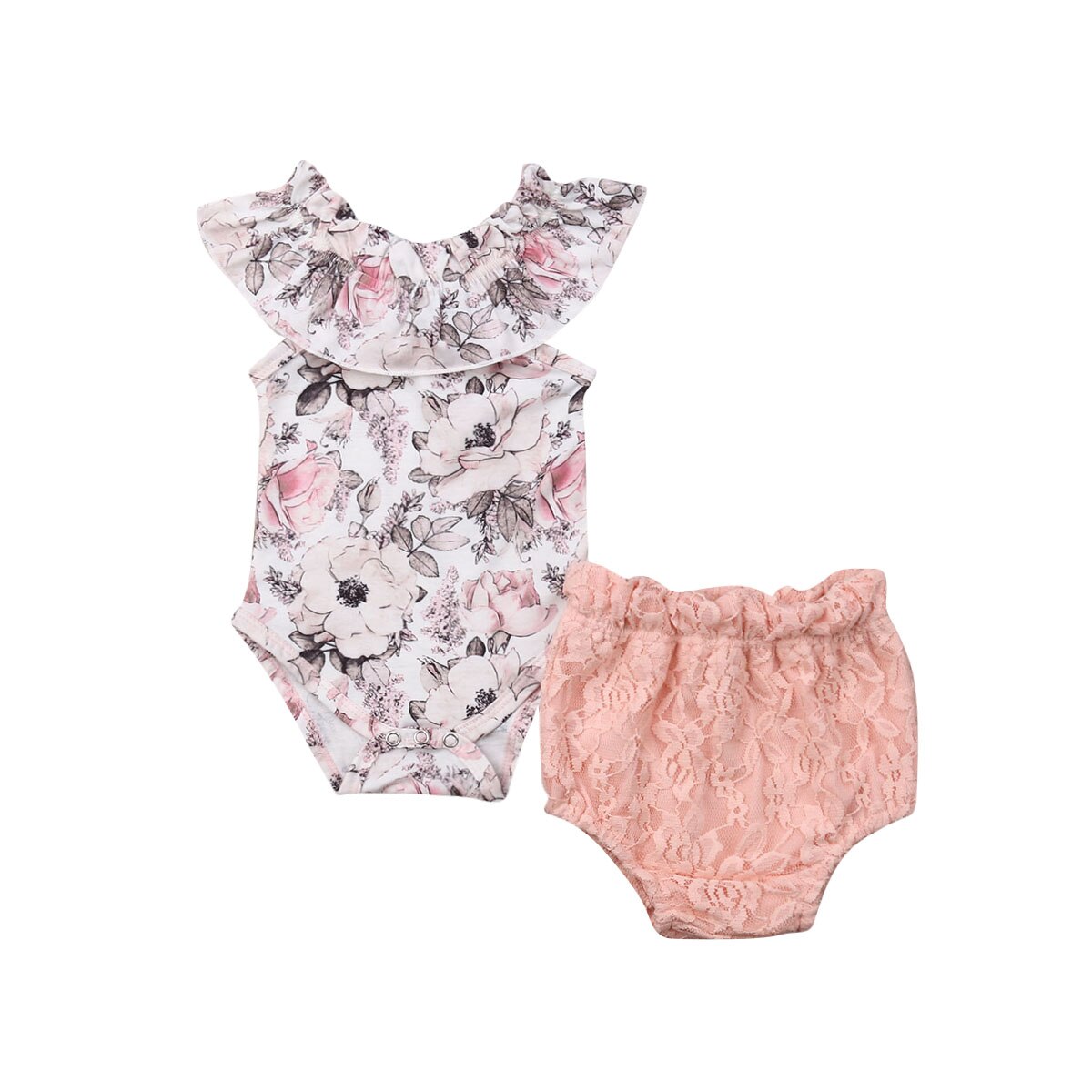 2 st Set Volanger Blommor Romper Spets Shorts Sommar Baby Flicka Ärmlös 0-24M: 24m