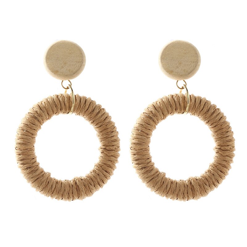 Simple Trendy Boho Handmade Round Vine Rattan Straw Woven Earrings For Women Bohemian Wooden Dangle Earring Jewelry: E0376-2