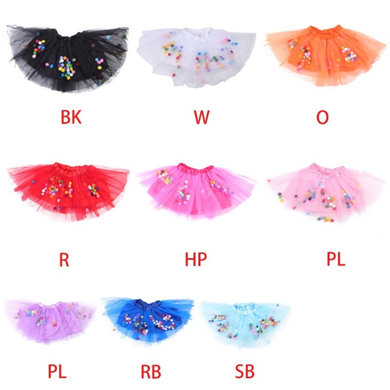 Kids Girls Ballet Layered Fluffy Tulle Tutu Skirt with Rainbow Pom Pom Puff Ball