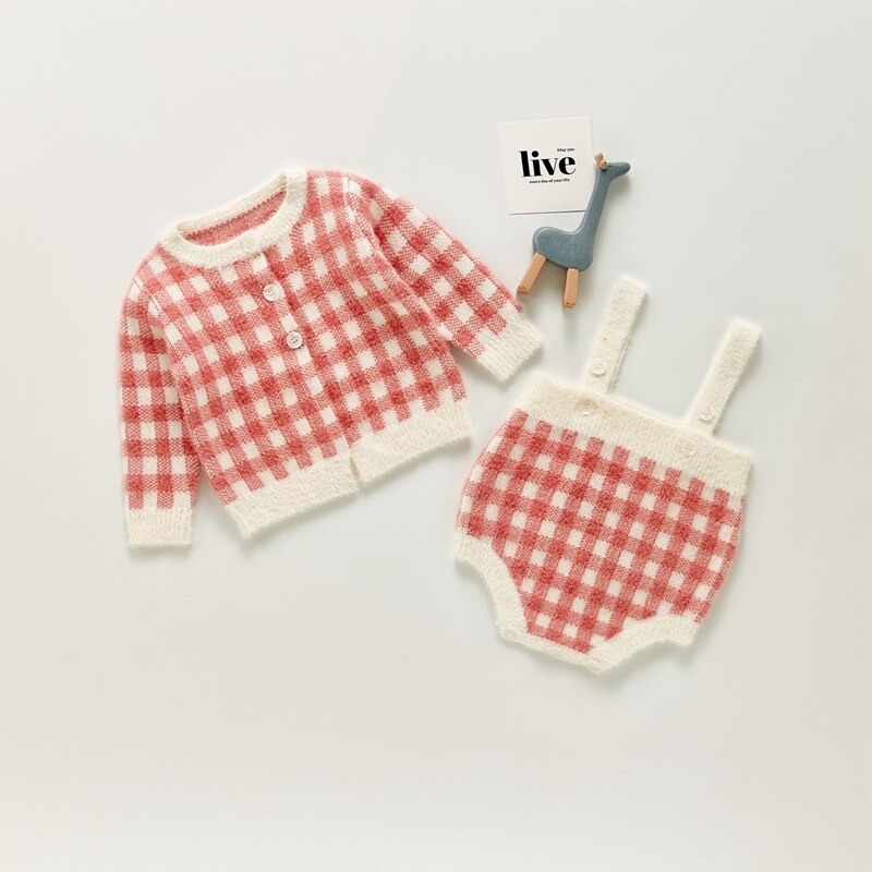 0-24M Baby Meisjes Romper Vest Roze Plaid Jarretel Bodysuit Lange Mouw Knop Jas Gebreide Trui Kleding Voor pasgeborenen