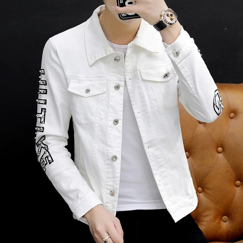 Vintage Letter Rivet Personality Mens Denim Jackets Korean Long Sleeve Single Breasted Punk Slim Casual Chaqueta Hombre: 1 / M