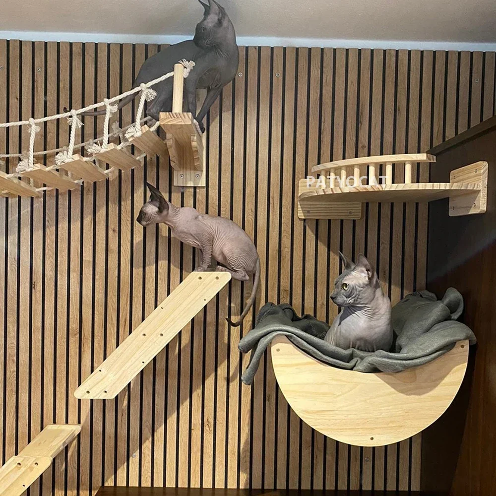 Wall Mounted Cat Climbing Wood Shelves Furniture Cat Bridge and Cat Hammock or Platform with Pedals for Kitten Perch and Rest
