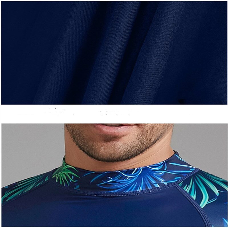 Contrast Color Rash Guard Men UV Sun Protection UPF 50+ Basic Skins Long Sleeve Crew Tee Surfing Top Floral Print Navy Blue