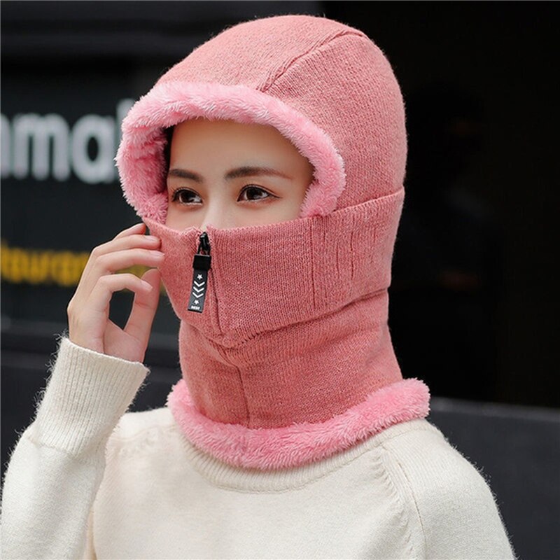 Reißverschluss Frauen Winter Hüte Plüsch Warme Sturmhaube Damen Ring Hütte Mit voll Gesicht Maske Kreative Atmungsaktive Gesichtsmaske