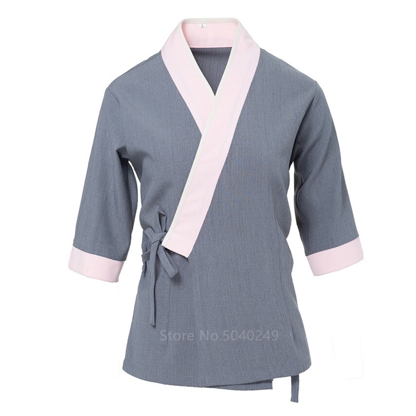 Giacca da cuoco kimono da uomo a mezza manica con scollo a v sottile blu giapponese da uomo con grembiule da donna Sushi cucinando Unfiorm