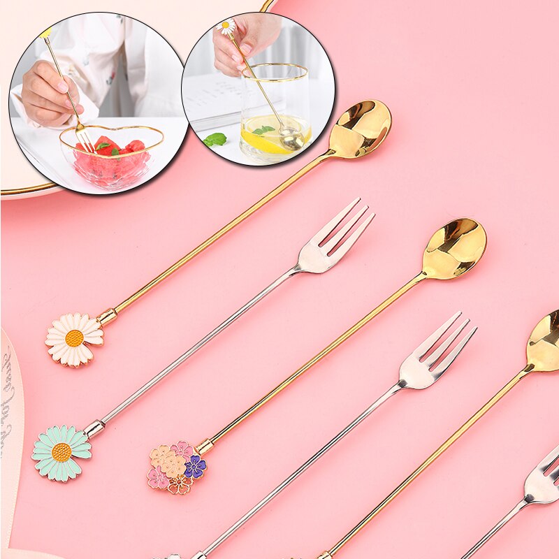 Cherry Blossom Daisy Pattern Spoon Fork Stainless Steel Thin Handle Tea Spoon Coffee Stirring Dessert Fork Tableware