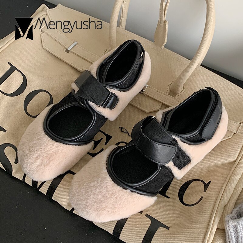Pörröiset leopardihousut nainen koukku ja silmukka mary janes talvipehmo lolita kengät naiset lampaanvilla mokasiinit lämpimät fleece-loaferit: Aprikoosi / 8.5