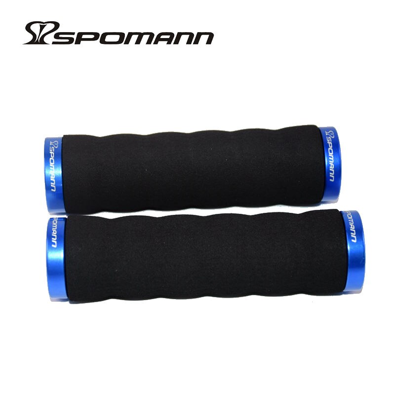 SPOMANN Soft Sponge Cycling Handlebar Grips MTB Road bicycle Alloy Integrated Lockable Grip Manopla Bike Bicicleta Parts 100g: Black(Blue)