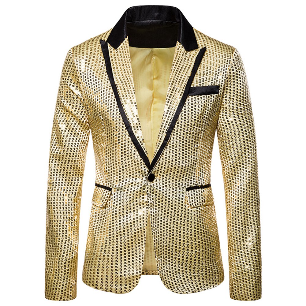 Shiny Sequin Blazer - Single Button Tuxedo Jacket - Party, Wedding, Prom, Nightclub Stage Suit: Gold / S