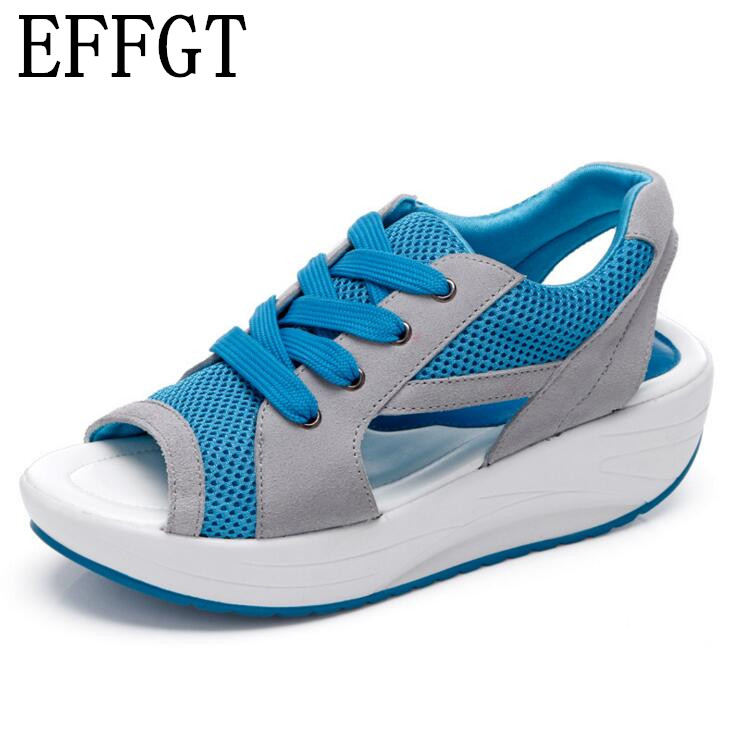 EFFGT vrouwen sandales sandalias Zomer vis kop sandalen vrouwen schoenen helling met platform muffin