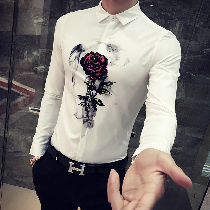 Camisas ajustadas coreanas para hombre , camisetas sociales informales con estampado Digital de manga larga para Club nocturno o , Camisa Masculina