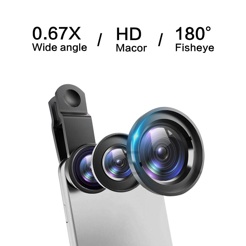 3 in 1 vidvinkel makro 180 graders fiskeøjeobjektiv kamera kits mobiltelefon fisk øjenlinser med klip 0.67x til iphone samsung htc