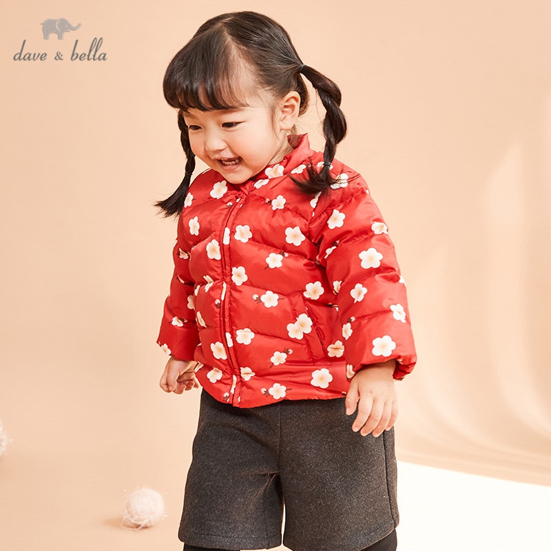 DBM12118 dave bella winter baby ultra light down coat girls floral outerwear children 90% white duck down padded kids jacket