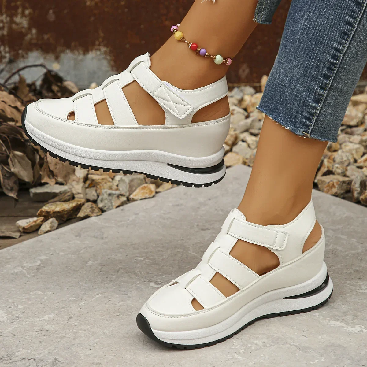 Sandalias de mujer, botas suaves, tacones bajos, zapatos de verano para mujer, Sandalias de tacón de colores combinados, zapatos de verano para mujer, calzado de tacón para mujer: Blanco / 43