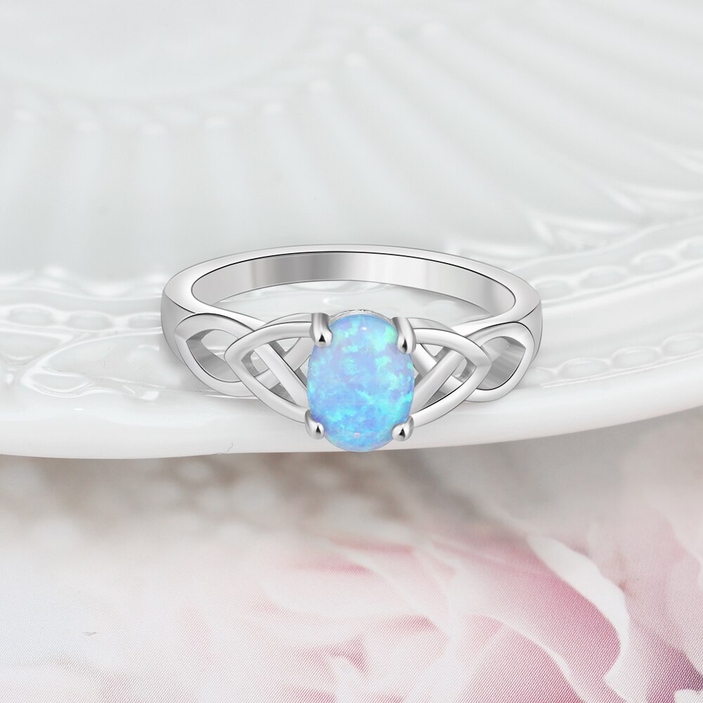 925 Sterling Silver Braided Ring with Oval White Pink Blue Opal Stone Wedding Engagement Rings for Women (Lam Hub Fong)