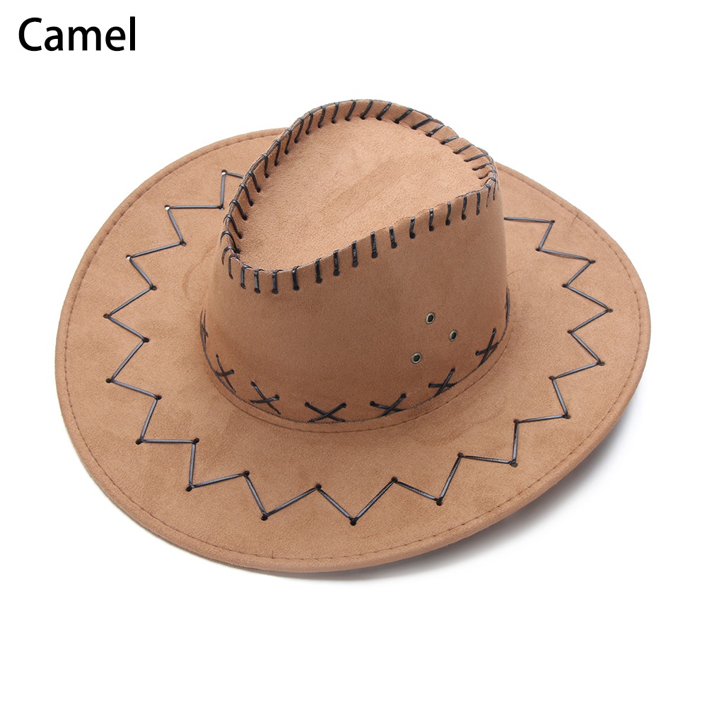1pc vintage cowboy jazzhat western stil ruskind bredskygge jazz filt fedora kasket fancy dress tilbehør til mænd kvinder: Kamel